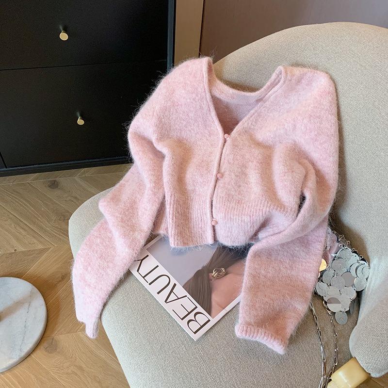 

Pink collar soft waxy short sweater cardigan women s autumn and winter gentle wind sweet age-reducing knitted jacket L рожевий