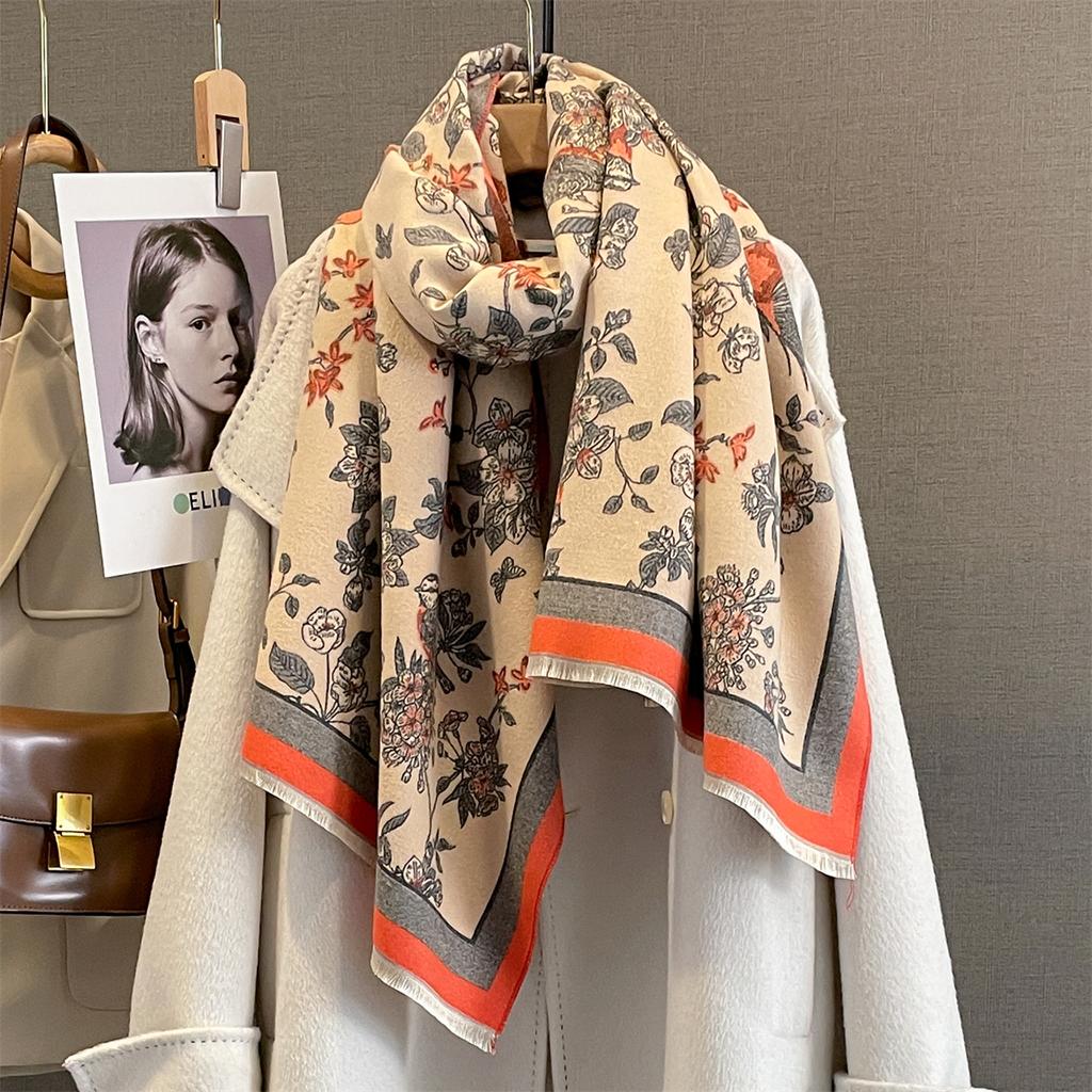 Floral Thickened Warm Scarf Tassel Pashmina Shawl Women‘s Imitation Cashmere Warps Autumn/Winter Coldproof Windproof Blanket