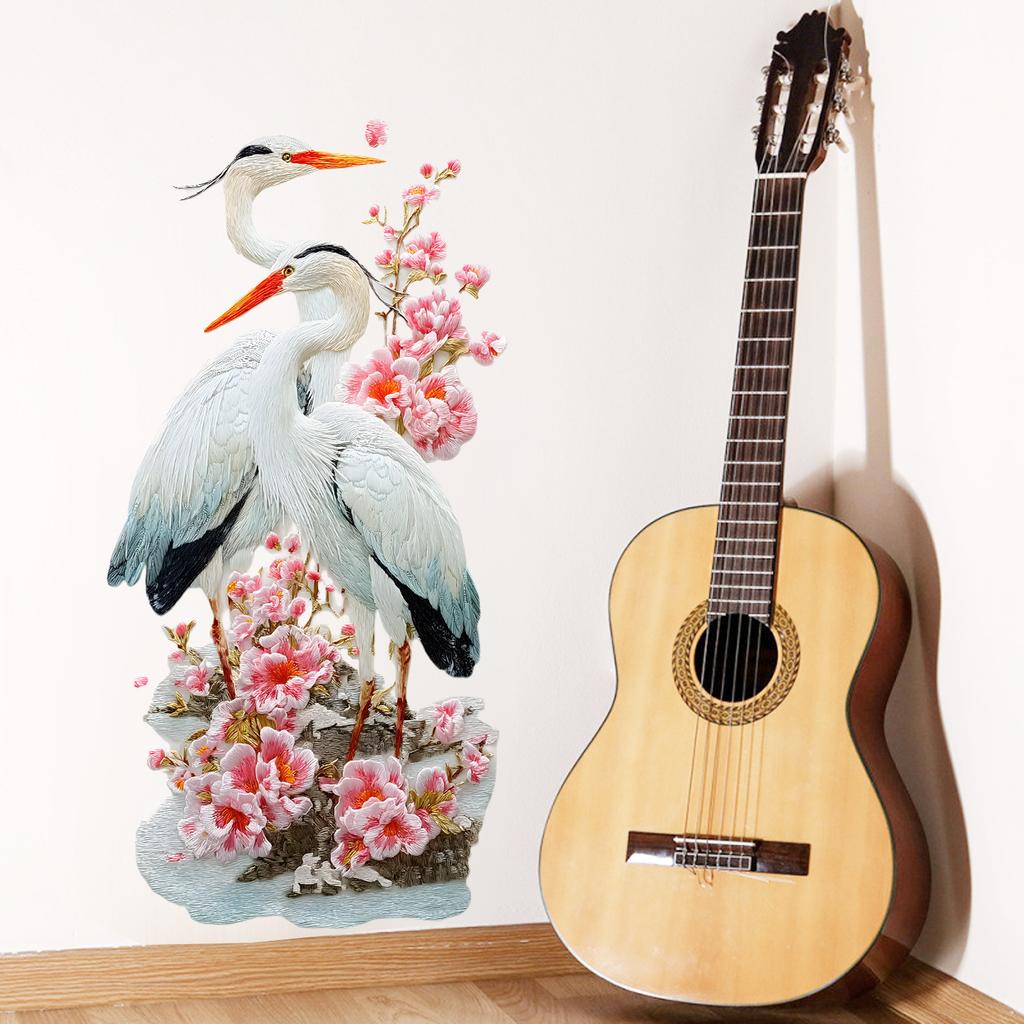 Chinese Style Floral Bird Egret Peach Blossom Wall Sticker Self-Adhesive Removable Living Room Bedroom Hallway Background Wall Home Decor Art