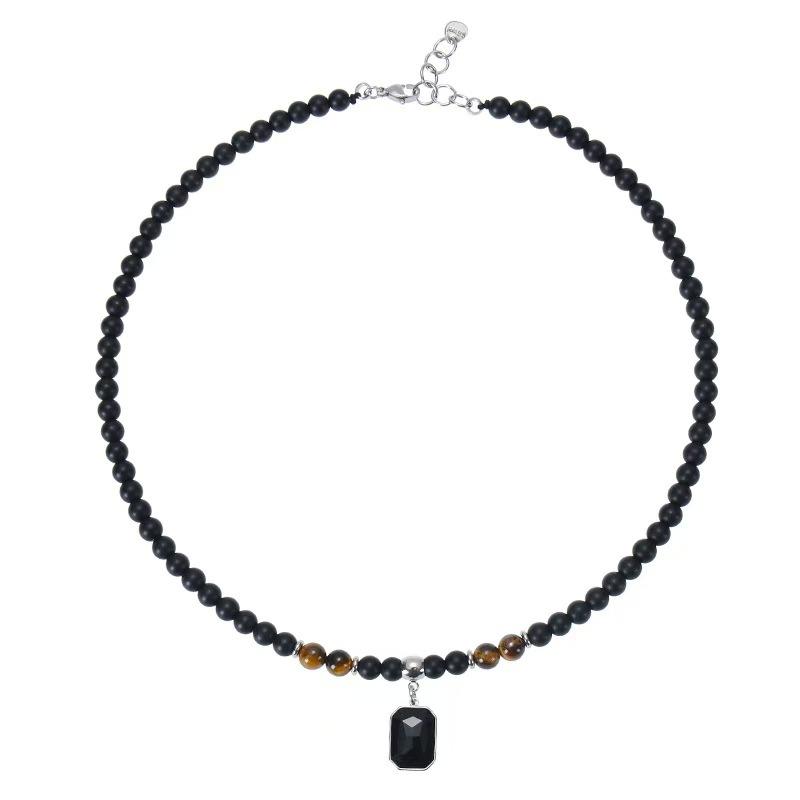

European and American hot selling hip-hop niche simple tiger stone stainless steel necklace unisex collarbone chain beaded accessories
