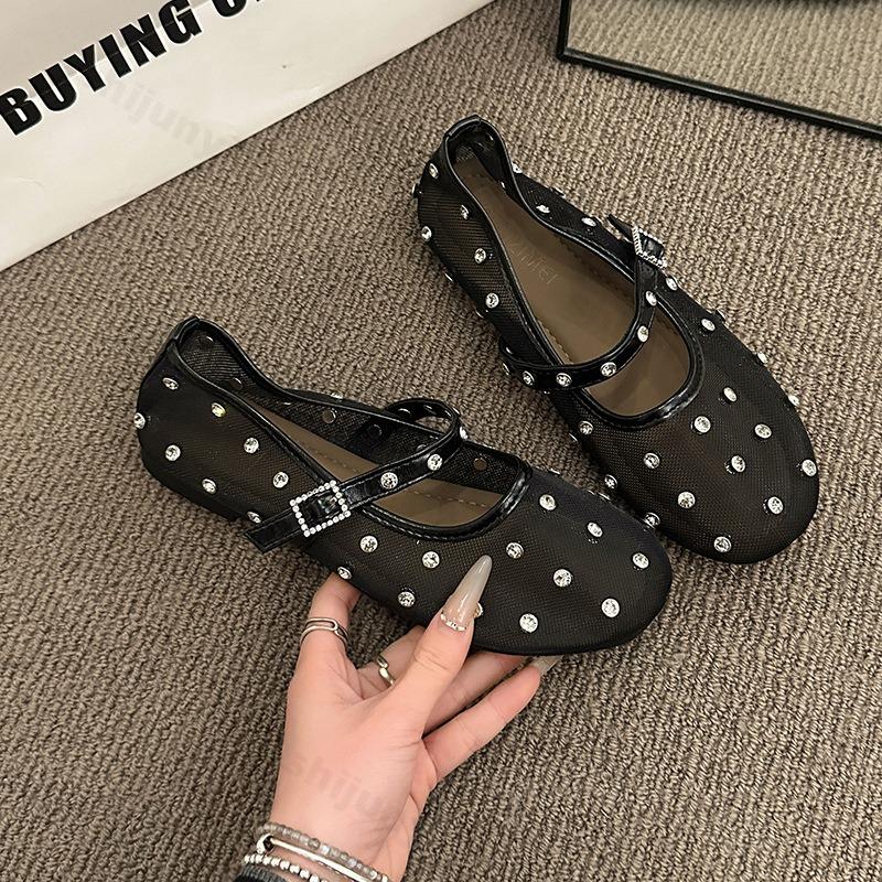Fashion Summer Women's Flat Shoes Fashion Round Toe Rhinestone Mary Jane Ballet Breathable Elegant 2025 Comfortable Shoes Zapatos Mujer