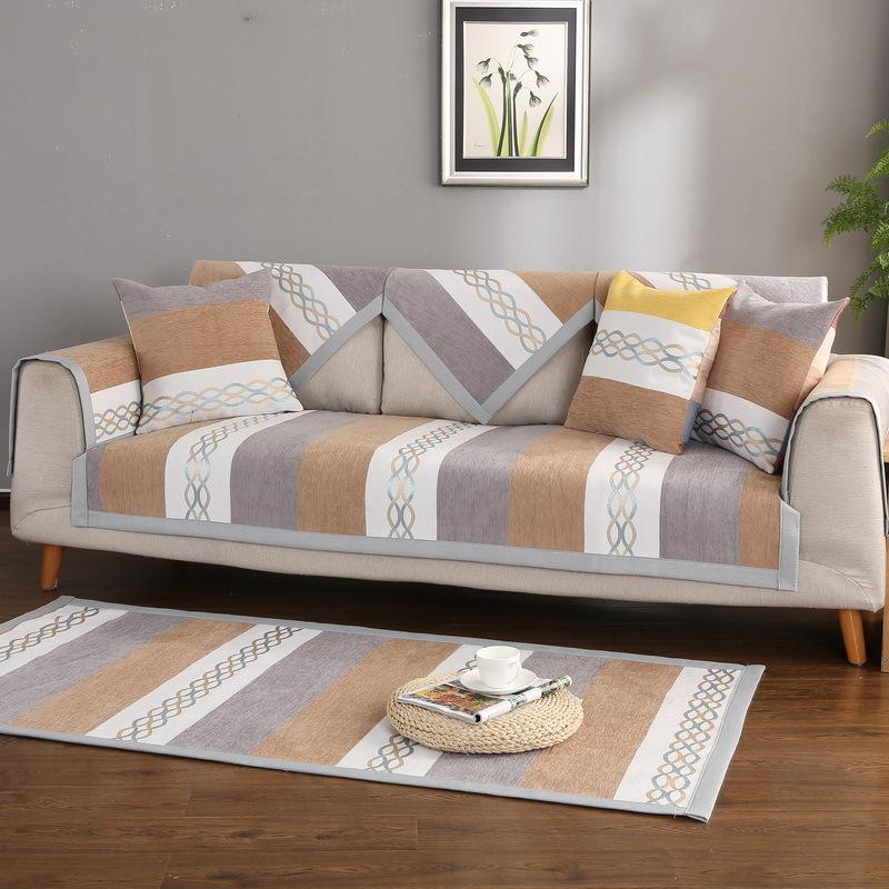 Four Seasons Universal Chenille Striped Sofa Cushion Simple Cloth Modern Non-Slip American Cushion Cover Backrest Towel