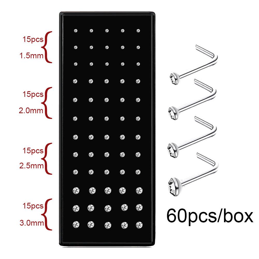Stainless Steel Boxed Nose Studs and Rings: 60/40 Pieces, 1.5-3.0mm, Straight & L-Shaped Bar