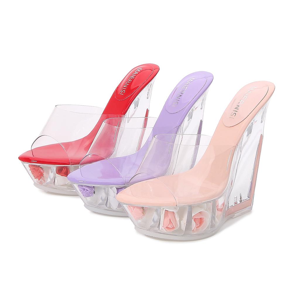 Platform Heel Cool Slippers Sexy Transparent Wedge Heel Crystal Shoes Waterproof Table Women's Shoes