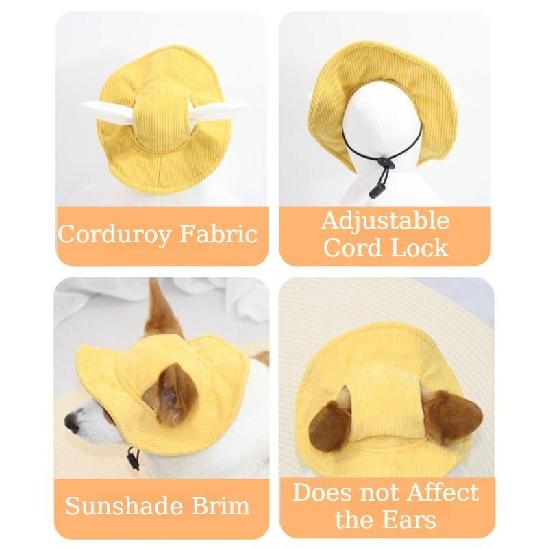 Adjustable Pets Sun Hat Wide Brim Corduroy Dogs Fisherman Cap with Ear Holes Outdoor Walking Sun Protection Hat for Dogs Cats