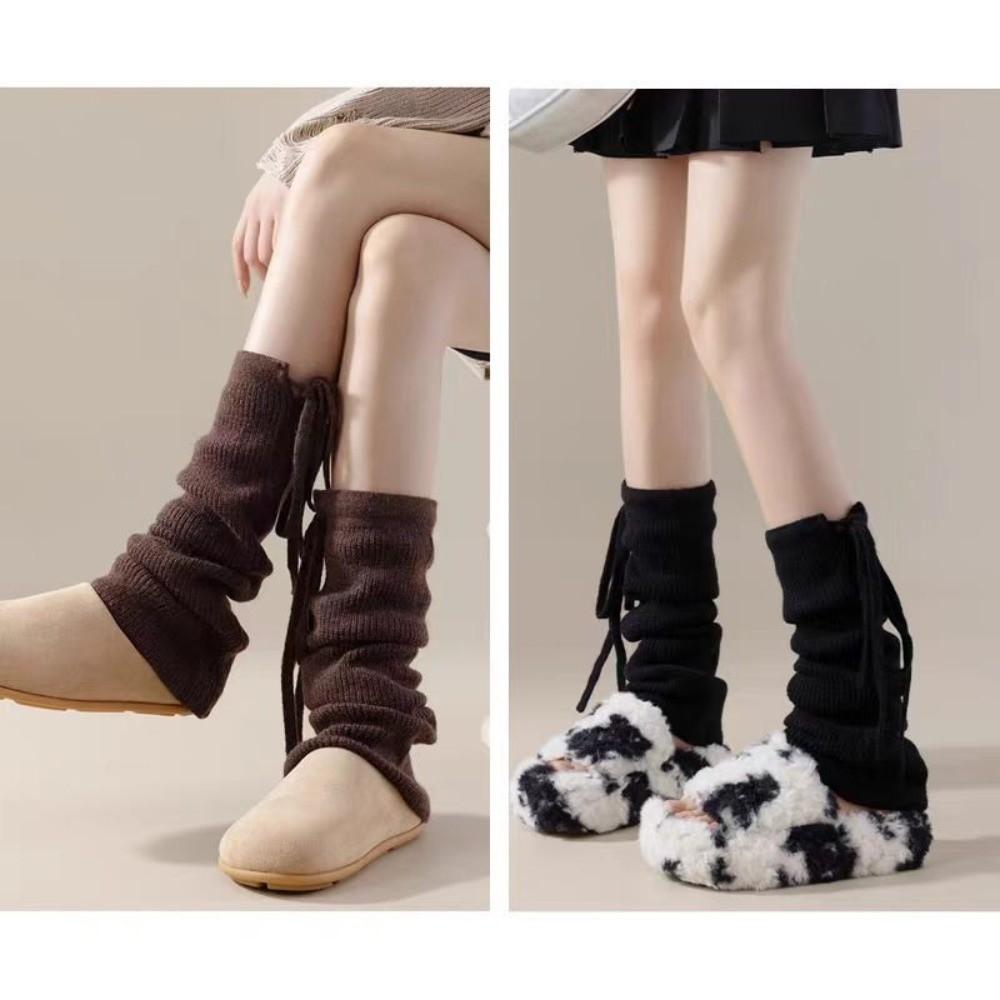 1Pair Stretchy Material Slouch Leg Socks Solid Color Drawstring Leg Warmers  Winter