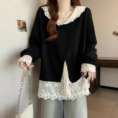 Bebek Yaka Uzun Kollu Moda Sweatshirt Dantelli Sahte İki Parça Gömlek Kadınlar İçin Sonbahar Bol Birleştirilmiş Çok Yönlü Üst
