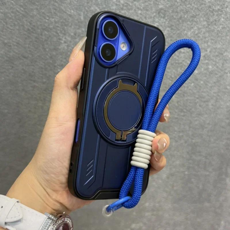 New Armor For Magsafe Magnetic Ring Stand Phone Case For iPhone 16 15 14 13 12 11 Pro Max With Wrist Strap Cord Shockproof Cover