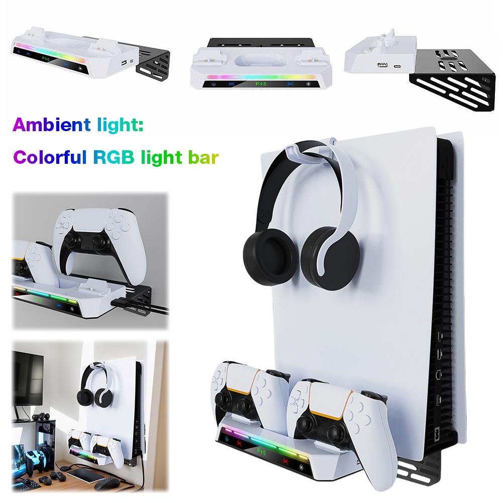 Shelf Floating Mount with Dual Controller Charger RGB Light Wall Bracket W/ Headset Holder for Playstation 5 Slim Disc & Digital