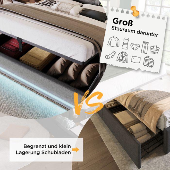 Lit capitonné - MUVOE - 160x200 cm - Gris - Rangement hydraulique - Ports USB intégrés