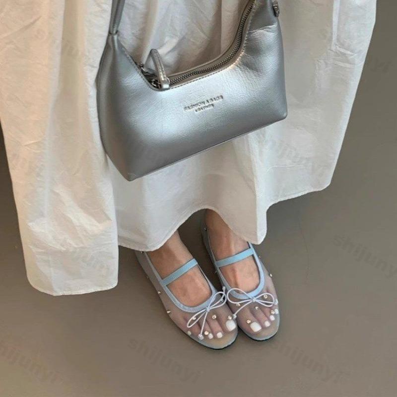 Fashion Women Ballet Flats Shoes Summer Hollow Non Slip Fashion 2025 Rhinestone Women Shoes Mesh Breathable Mary Jane Sandals Rhinestone