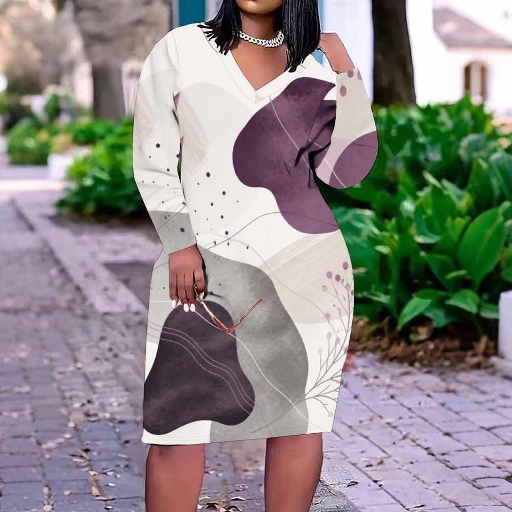 Women Plus Size V Neck Long Sleeve Abstract Printed Fitted Straight Dress