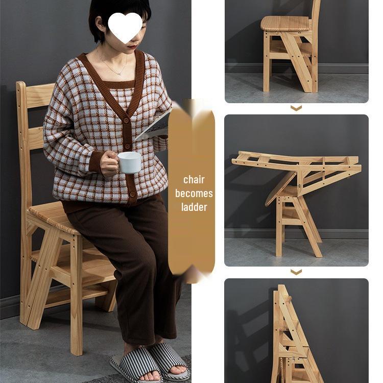 Solid Wood Folding Ladder Chair: Dual-Use Indoor Step Stool and Multifunctional Staircase.