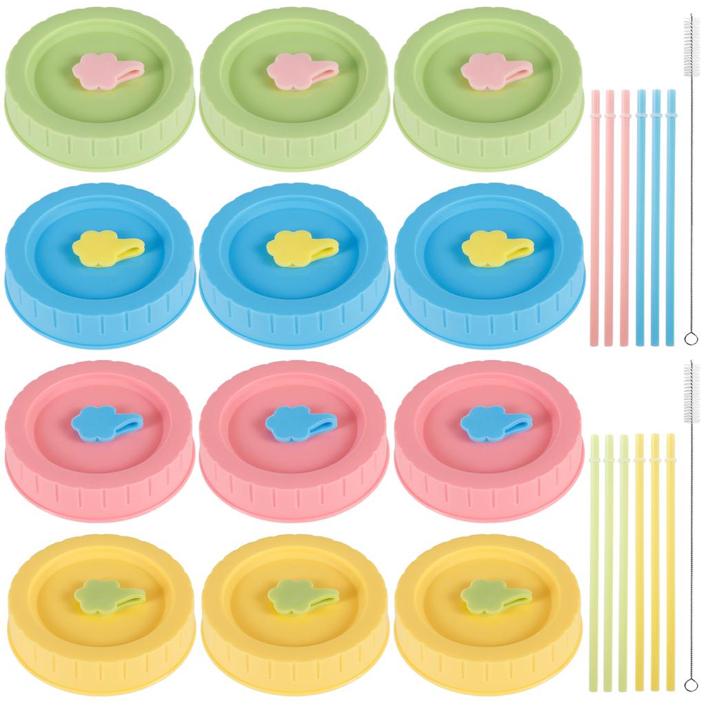 12-teiliges buntes Deckelset aus Kunststoff für Einmachgläser mit 70 mm breiter Öffnung, Deckel mit Reinigungsbürsten und Strohhalmen zur Aufbewahrung von Lebensmitteln