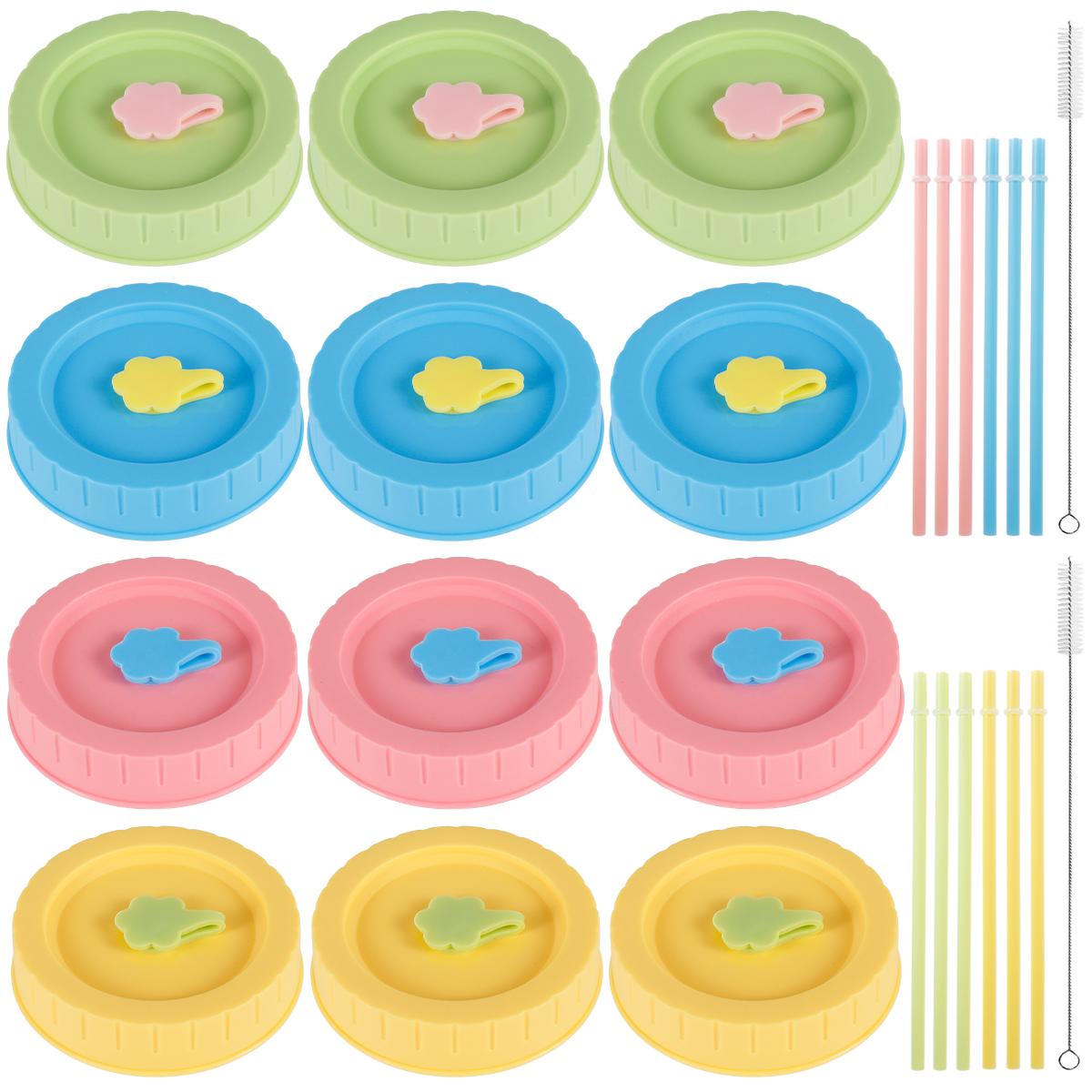 

Набор из 12 цветных пластиковых крышек для банок, подходит для банок с широким горлом 70 мм, крышки с чистящими щетками и соломинками для хранения продуктов
