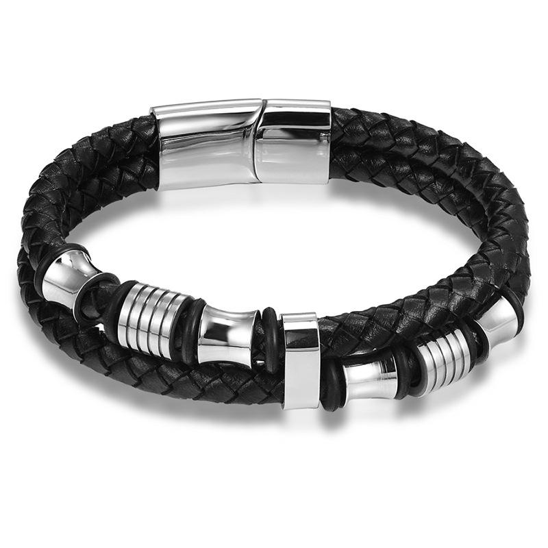 

Men s Lucky Bead Bracelet Black Leather Cord Punk Retro Hip Hop Streetwear Stainless Steel Wristband 25cm