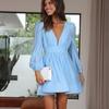 Women Spring Solid Color V-Neck Full Lantern Sleeve Dress Summer Casual A-Line High Waist Pleated Short Dresses S-XL