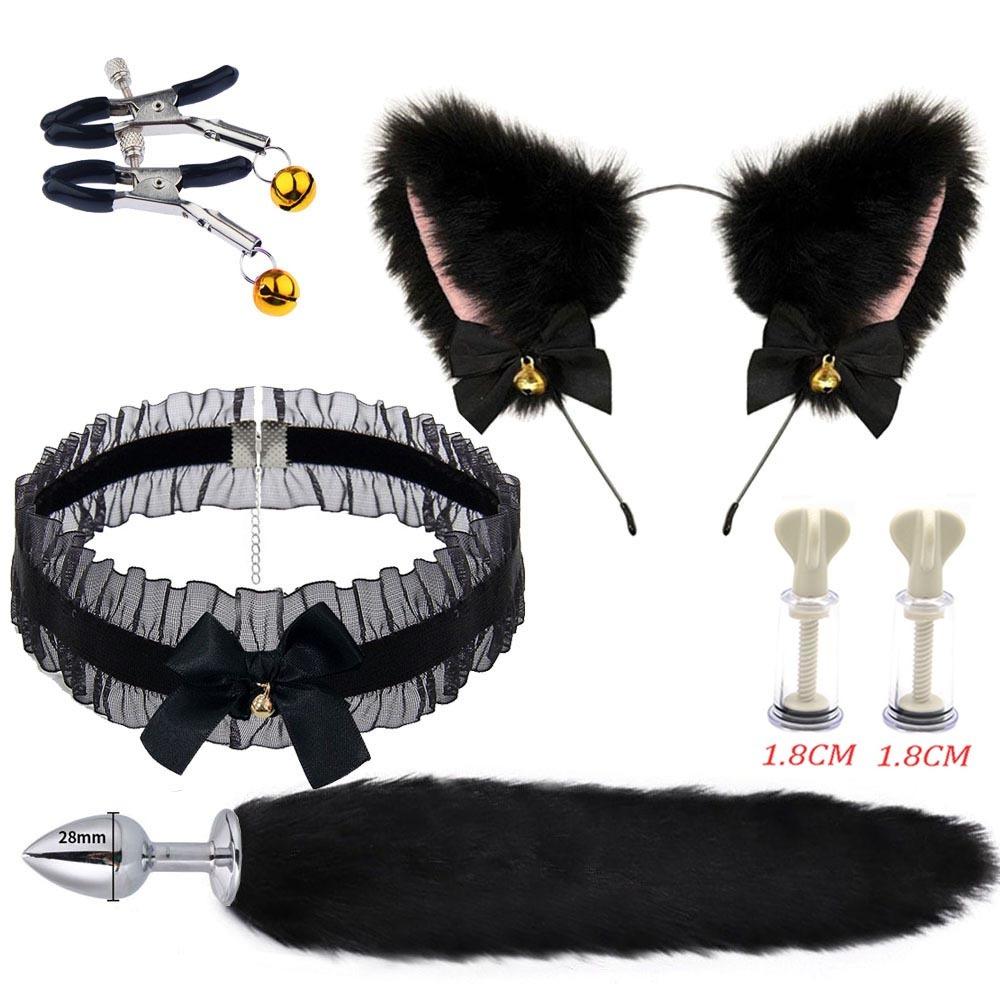 SM Erotic Cosplay Cute Fox Tail Anal Plug Bow-Knot Soft Cat Ears Headbands Collar Couples Accessories Sex Toys For Female Male