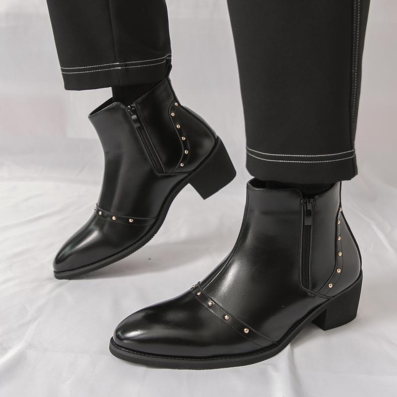 Designer New Men's Pointed Punk Rivet Patent Leather Chelsea Casual Ankle Boot Male Winter High Tops Cuban Shoes Zapatos Hombre