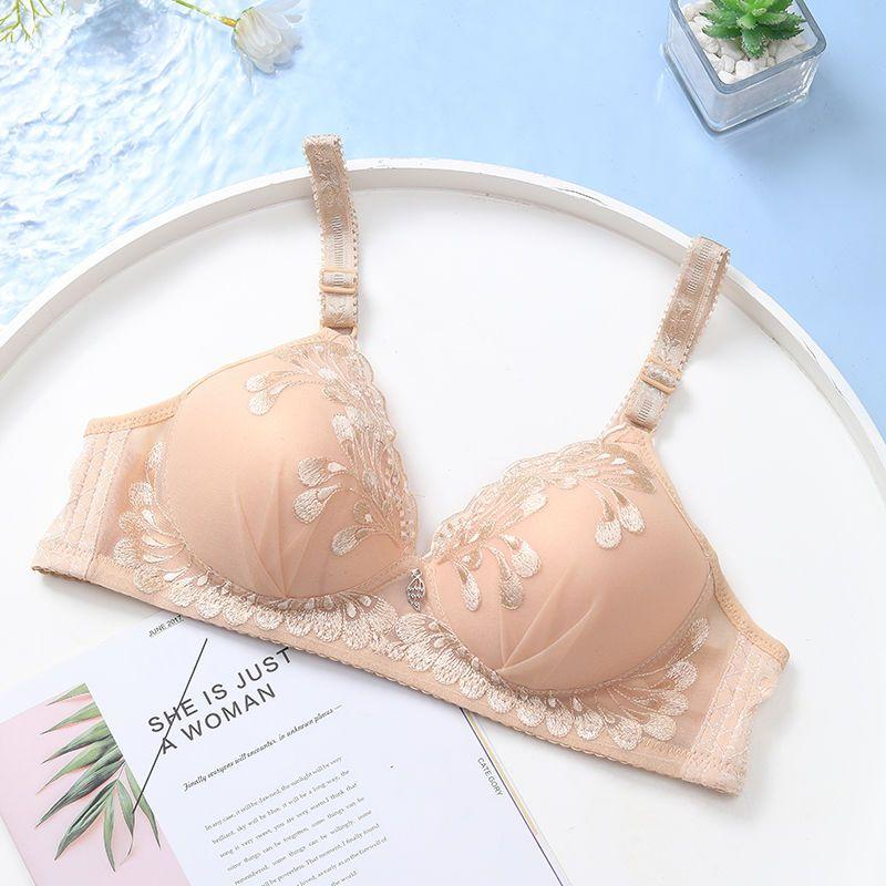 

Удобное нижнее белье для маленькой груди, бюстгальтер в сборе с вышивкой без стального кольца, расширенная боковая застежка, сексуальное женское белье для груди 40/90B абрикосовый