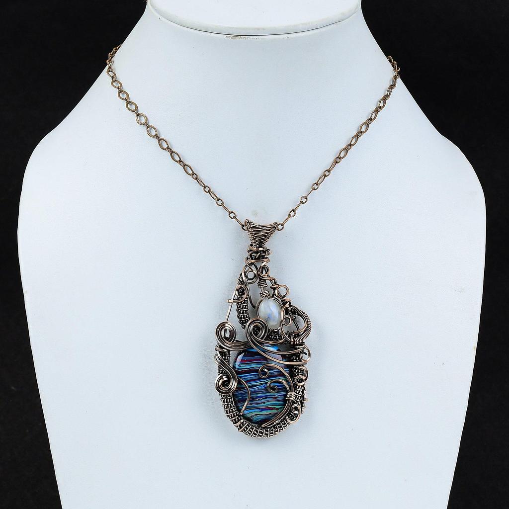 Rainbow Calsilica Pendant Copper Wire Wrapped Pendant Handmade Unique Jewelry Moonstone Gemstone Pendant Copper Wire Jewelry Engagement Gift