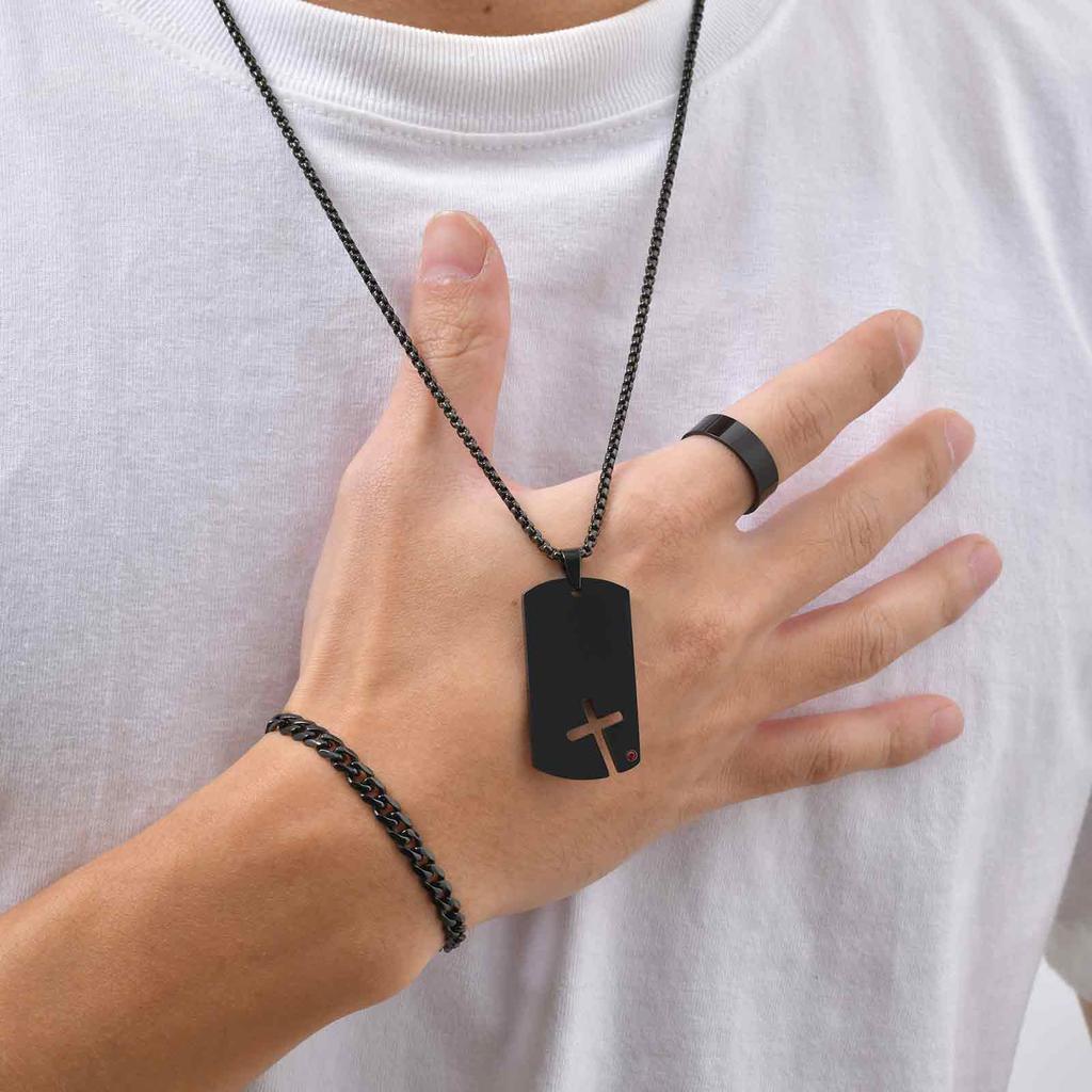 Vnox Sidecross Dog Tag Necklaces Chunky Curb Chain Bracelet 6/8/11.5mm Width Open Adjustable Ring Jewelry Set Gifts for Men Boys
