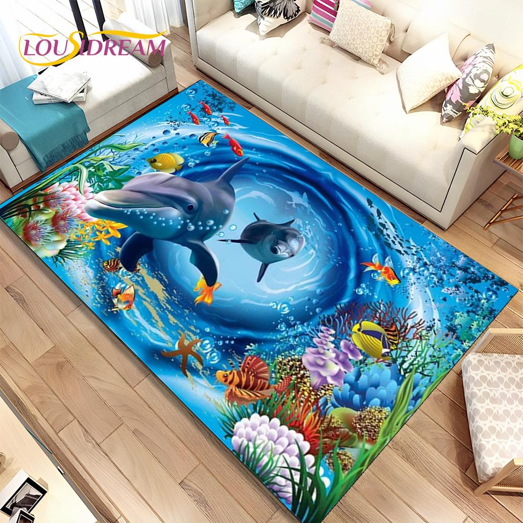 3D-Illusion, Meeresboden, Unterwasserwelt, Delfin, Hai, Teppich, Teppich für Wohnzimmer, Schlafzimmer, Sofa, Fußmatte, rutschfeste Bodenmatte