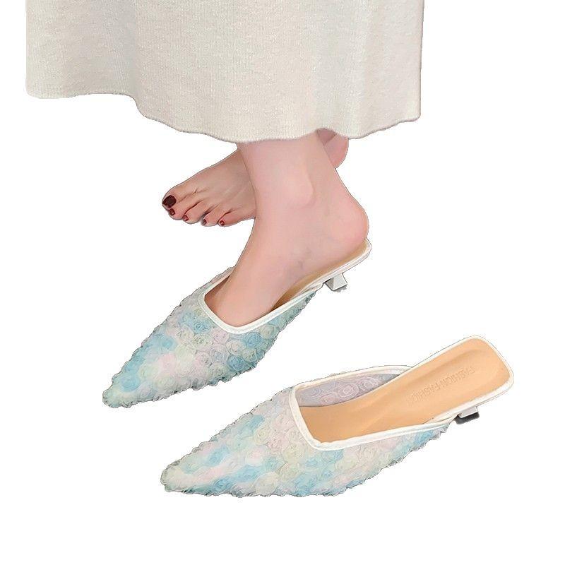 Fashion 2025 New Spring French Lace Hollow Mesh Pointed Head Bag Head High Heels, Women's Rear Thin Heel Sexy Sandals