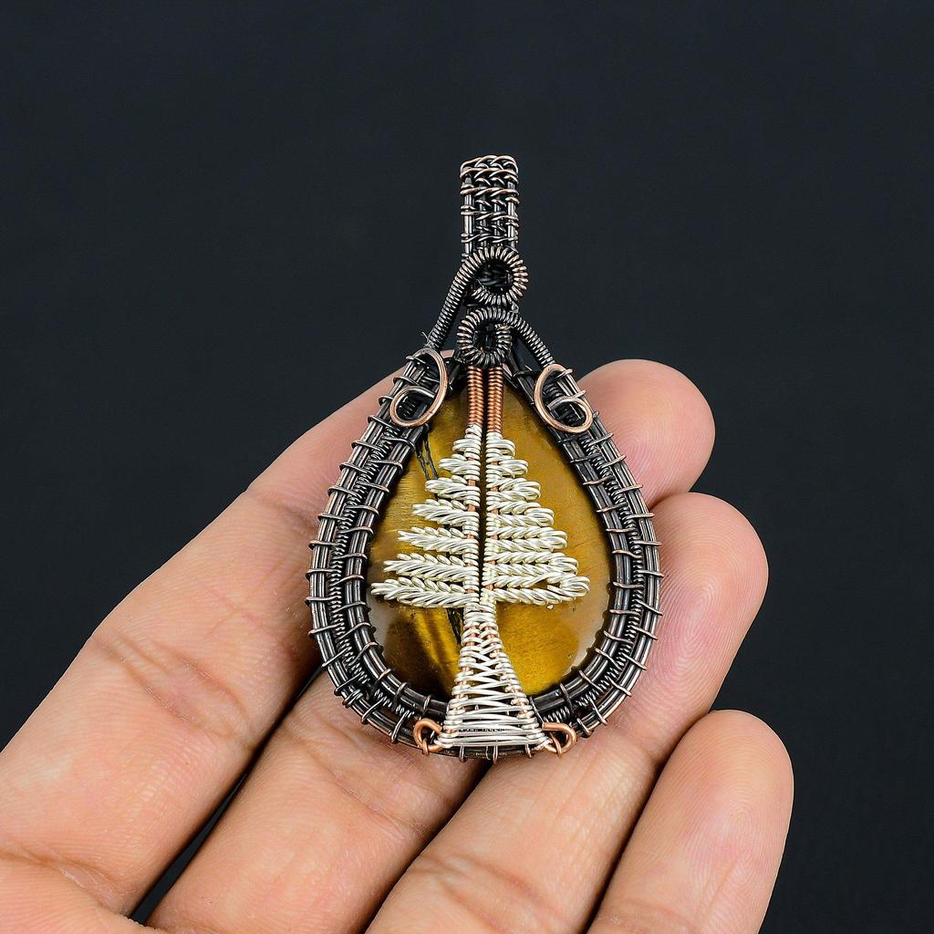 Tiger's Eye 999 Copper Wire Wrapped Pendant, Handmade Gemstone Pendant , Gift For Mom Antique Jewelry