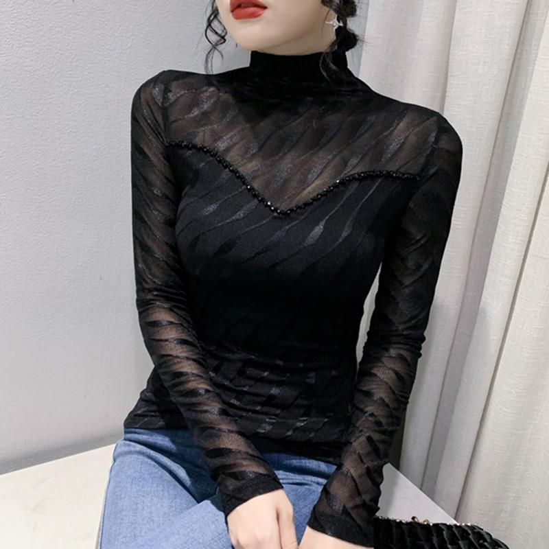 Autumn and Winter High-neck Mesh Beaded Long-sleeved T-shirt for Women, Slim and Fashionable Top Plus Velvet Warm Base Shirt