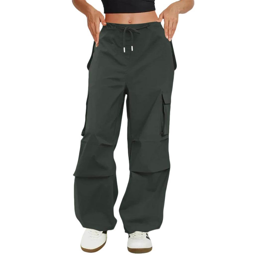 Women's Fashionable Solid Color Drawstring Elastic Waist Multi Pocket Workwear Casual Pants