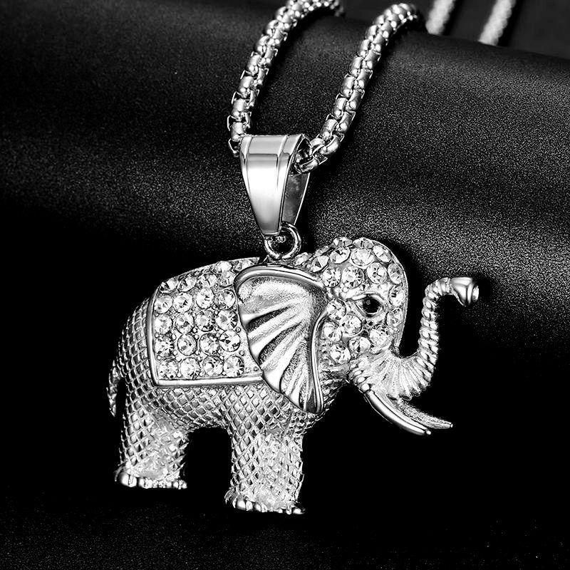 Zirconium African Elephant Pendant Men's Stainless Steel Necklace Hip Hop Rap Jewelry