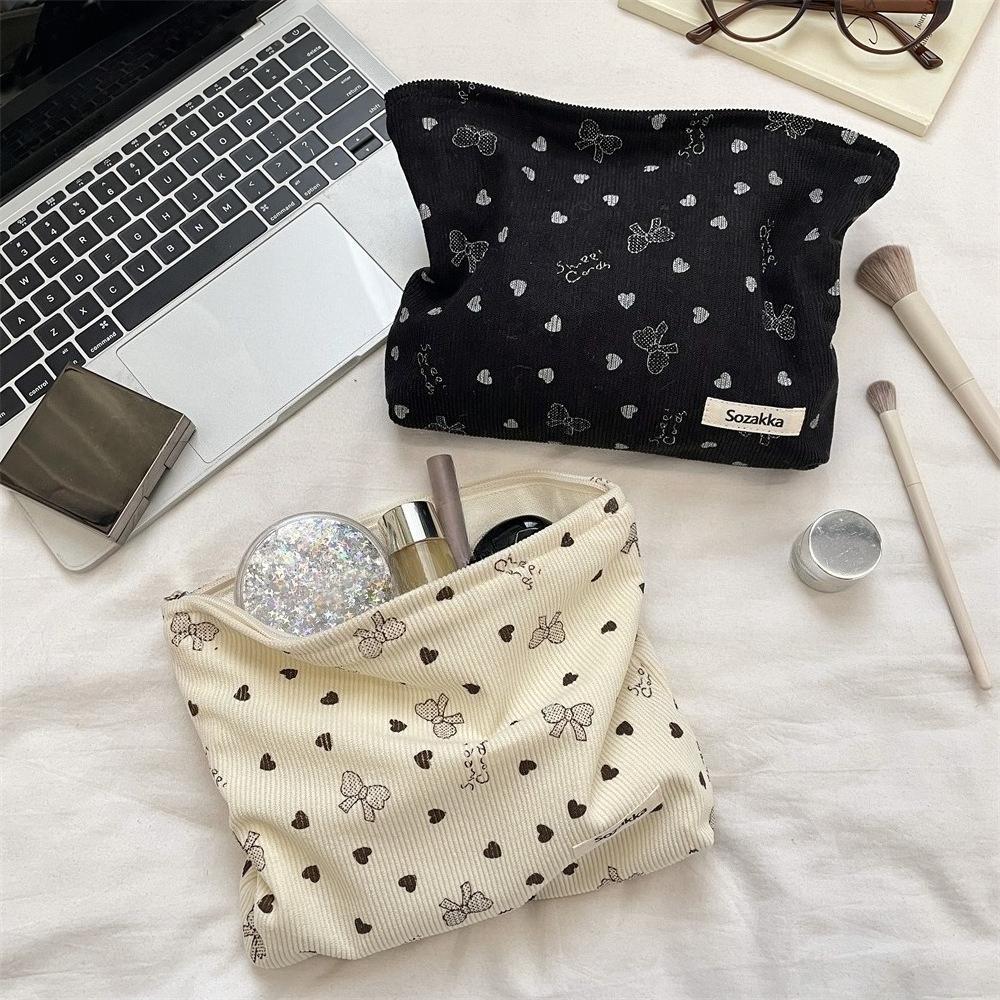 Corduroy Makeup Bag for Women Large Capacity Travel Cosmetic Bag Girl's Make Up Organizer Portable Cute Bow Makeup Pouch