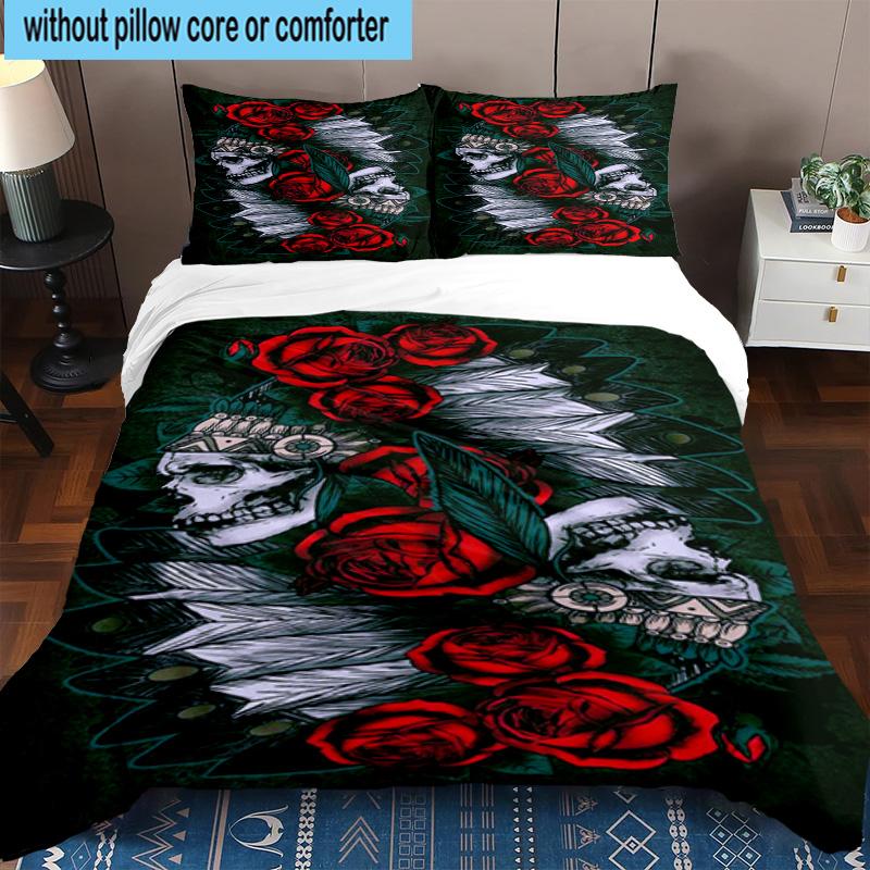 Skulls And Roses Artwork 3pcs Bedding,Including 1pc Duvet Cover And 2pcs Pillowcases Perfect for Christmas,Ideal for Bedroom, Dormitory