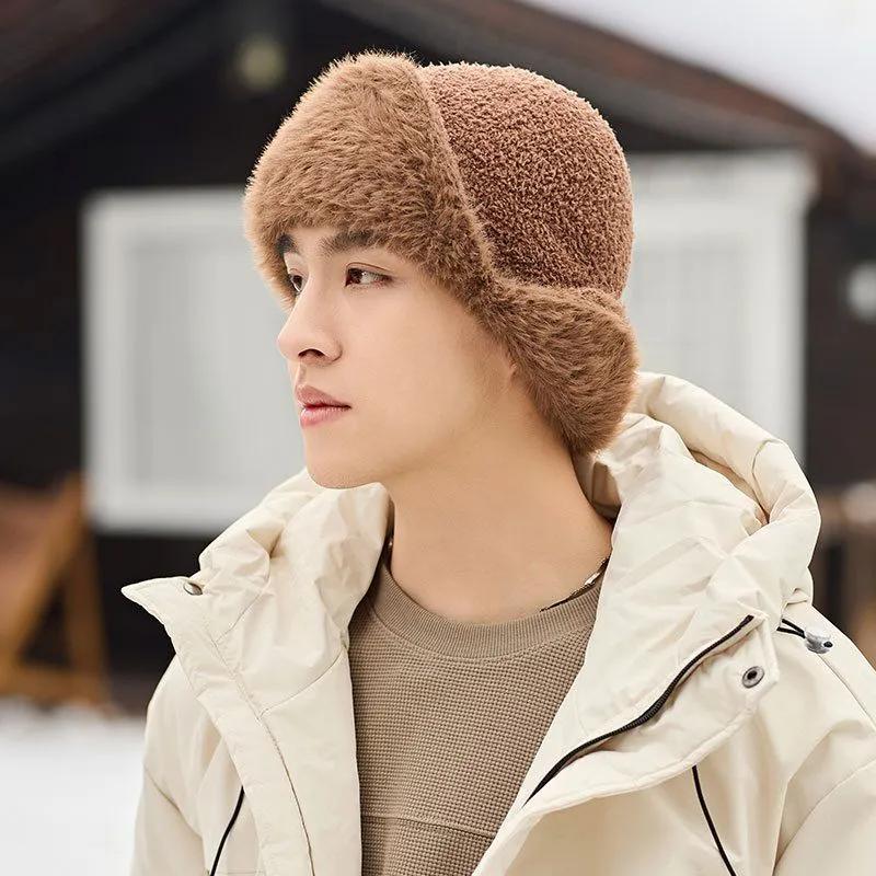 

WTEMPO Men s Outdoor Faux Fur Solid Color Soft Plush Cycling Hats Autumn Winter Windproof Cold-proof Warm Bomber Hats 60cm кавовий