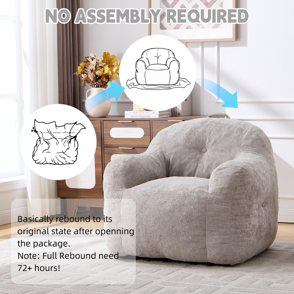 Bean Bag Chair with Shredded Sponge Filler ,Faux Fur Beanbag Sofa with Armrests , for Living Room, Bedroom & Reading,No Assembly Required ,Light Grey