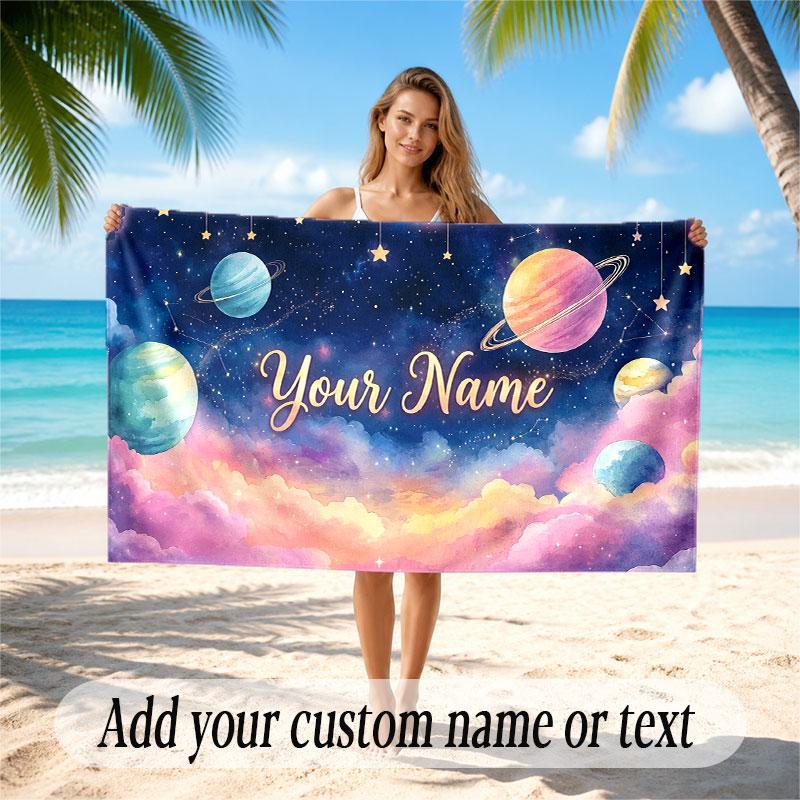 Space Cosmic Theme Soft Beach Towel Personalized Custom Name Text Towel Portable for Beach Pool Travel