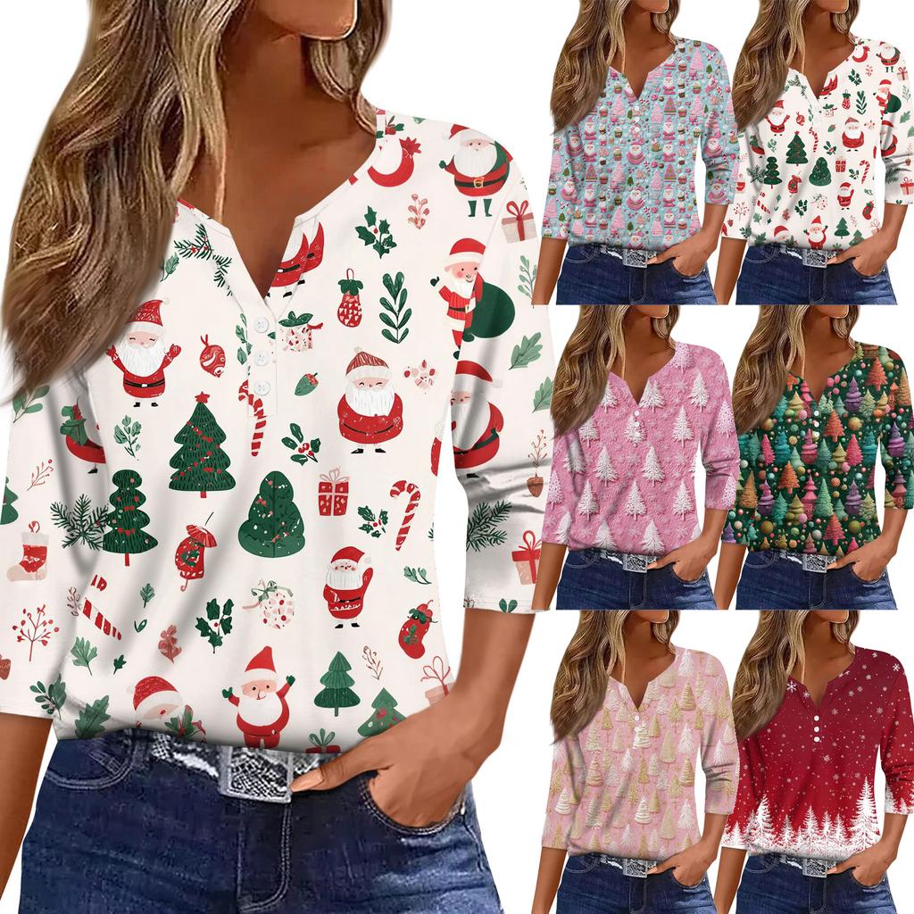 Women's T Shirt Christmas Print Button 3/4 Sleeve Daily Weekend Fashion Basic V- Neck Regular Top