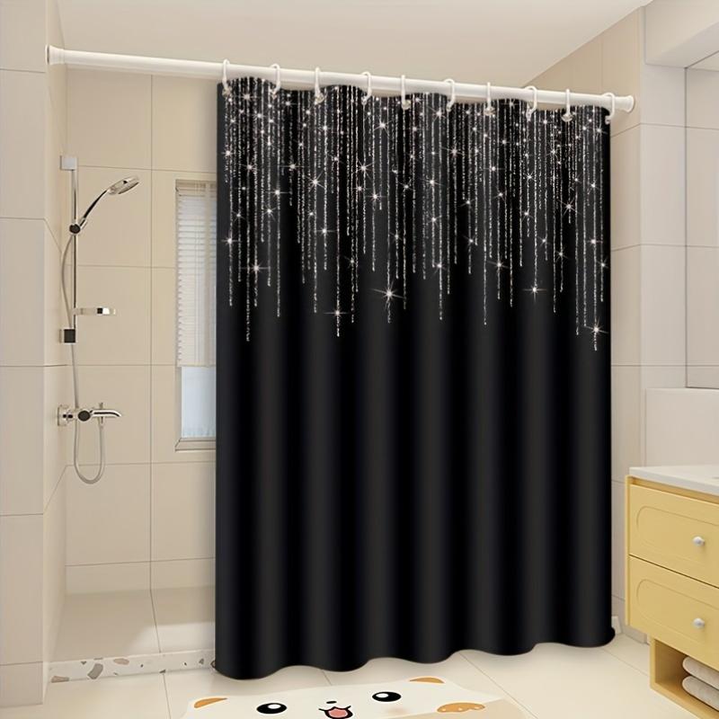 Starry Rain Shower Curtain Black Background White Glittering Lines Waterproof Bath Decor Modern Celestial Bathroom Curtains