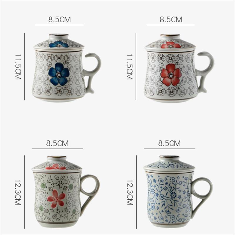 Modrobílý porcelánový šálek na čaj Keramický ručně malovaný Retro hrnek s oddělovačem na vodu a víčkem s filtrem Kancelářské šálky na čaj Nápojové nádobí