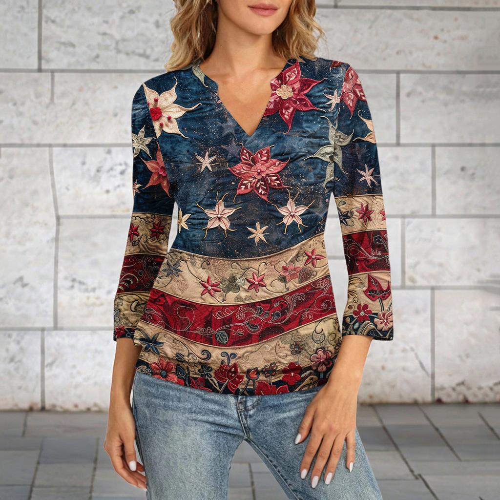 Women's 3/4 Sleeve Neck Hem V-Neck Summer Casual Base Top Independence Day Printed Top