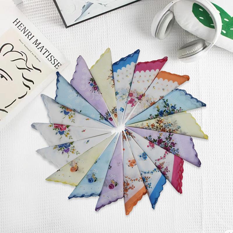 3pcs/set With Wavy Edge Embroidered Flowers Print With Lace Handkerchiefs for Wedding Gift Cotton Kerchiefs Pocket Hankies