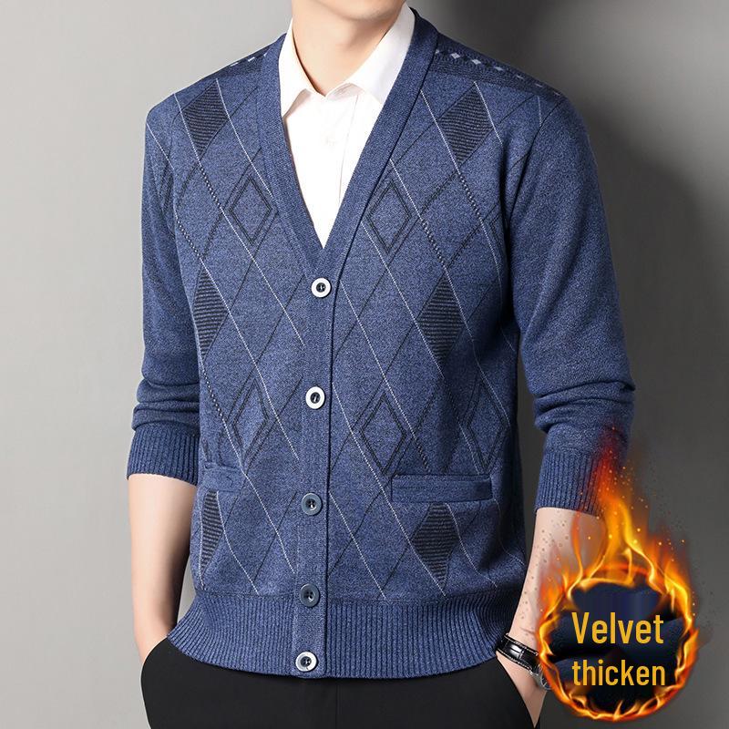 Men's V-Neck Jacquard Sweater Coat - Plus Velvet Knitted Cardigan for Autumn/Winter