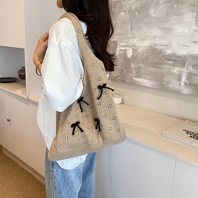 Solid Color Large Capacity Shoulder Bucket Bag Fashionable Knitted Work Commuter Bag Daily Shopper Tote For Women