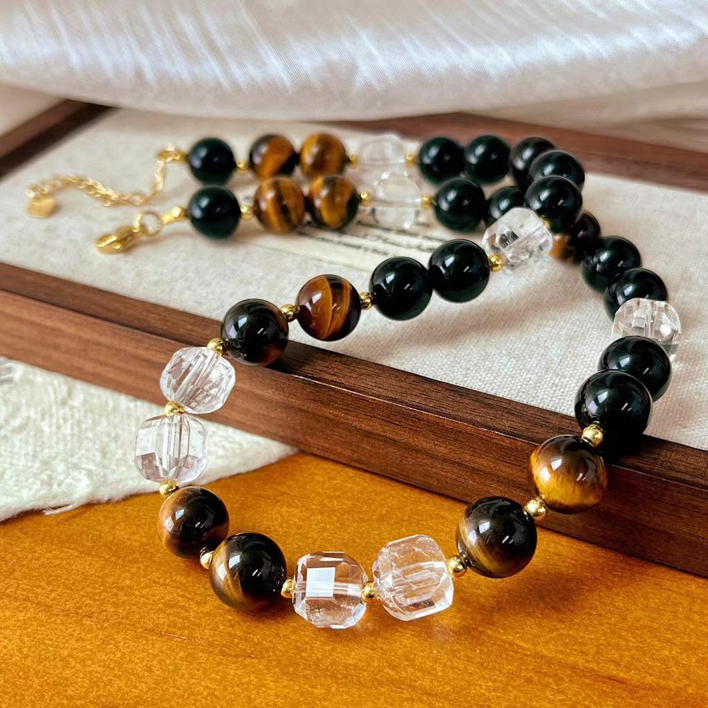 National Style Maillard Style Natural Tiger'S Eye Stone Necklace Female Natural Sugar Cube White Crystal Retro Sweater Chain