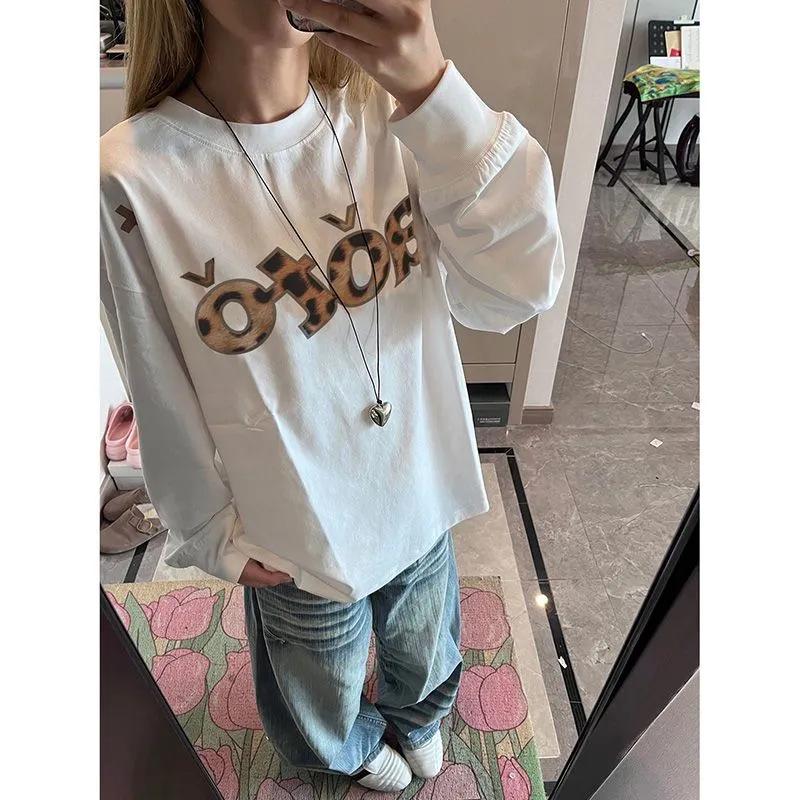 

Unisex Leopard Print Round Neck Cotton Long Sleeve T-shirt - Spring/Autumn Trendy Loose Top 2XL for 146-160 jin