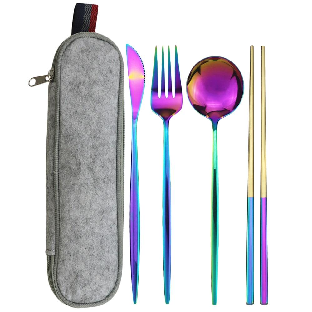 

Портативный дорожный набор столовых приборов из нержавеющей стали, набор столовых приборов в западном стиле, нож, вилка, ложка, палочки для еды с сумкой, офисный работник, переноска набора столовых приборов разноцветный