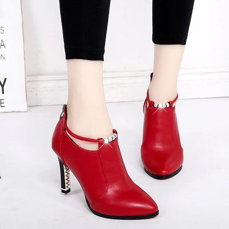 Women's Elegant Pointed Ankle Boots Autumn Winter Fashion Red Belt Buckle Pu Leather Short Boots Woman Thin Heeled Party Shoes