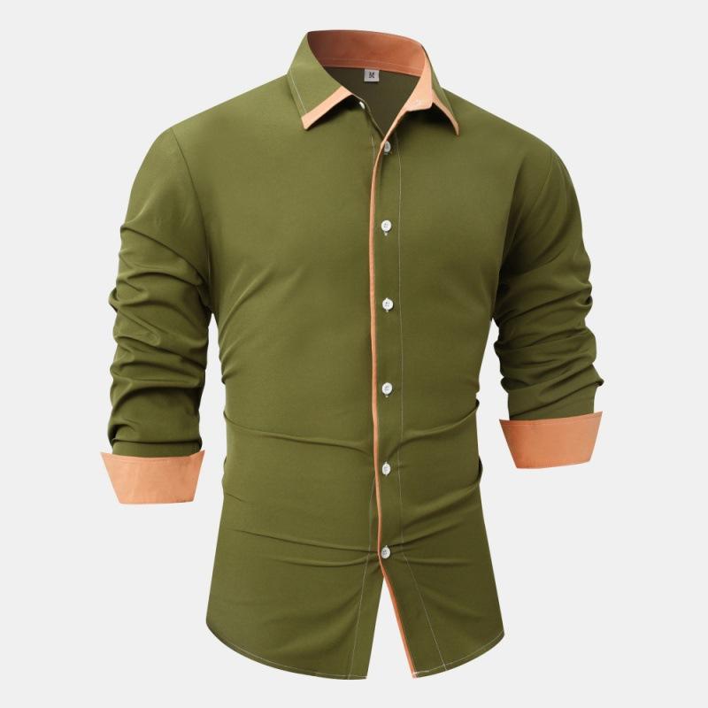 Fashion Shirt Spring Autumn Solid Color Splicing Contrasting Color Casual Long Sleeved Men's Shirts (men’s)