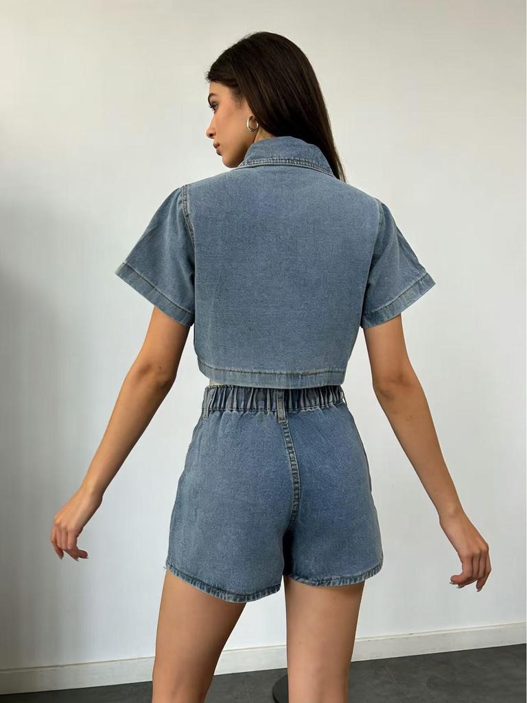 European-American Style Workwear Denim Set: V-Neck Short-Sleeve Top and Skirt-Pants for Summer Hot Girl Look
